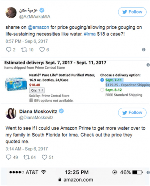亚马逊被指趁飓风灾难之际哄抬物价 6美元瓶装水售价20
