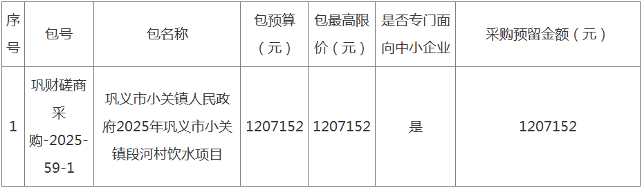 巩义市小关镇人民政府2025年巩义市小关镇段河村饮水项目-竞争性磋商公告